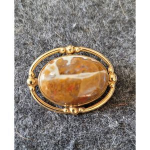 12K Gold Filled 12KGF Oval Brooch / Pin With Polished Moss Agate, Marked LSP